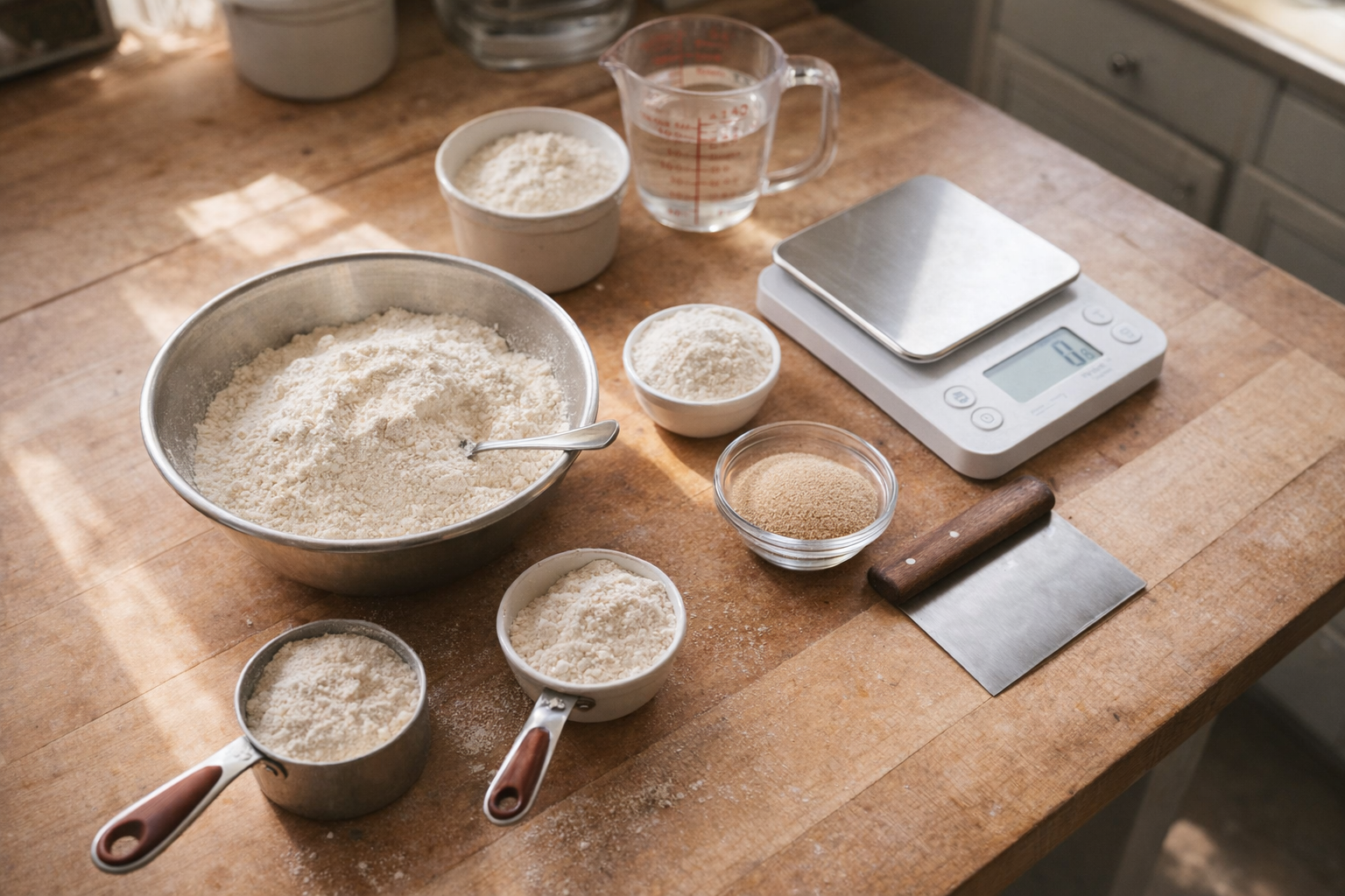Overhead shot of a baker's table, displaying measuring cups, flour, yeast, a mixing bowl, a dough scraper, and a digital scale, bathed in bright daylight